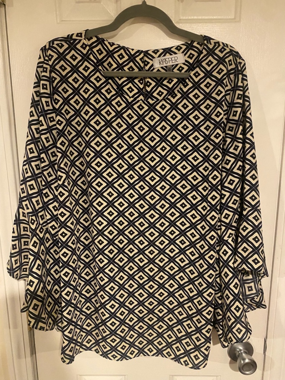 Kasper Navy and Cream Diamond-Print Blouse
